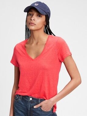 Gap Coral Pink V-Neck T-Shirt | Linen-Feel Slub Knit | Size S | 100% Linen